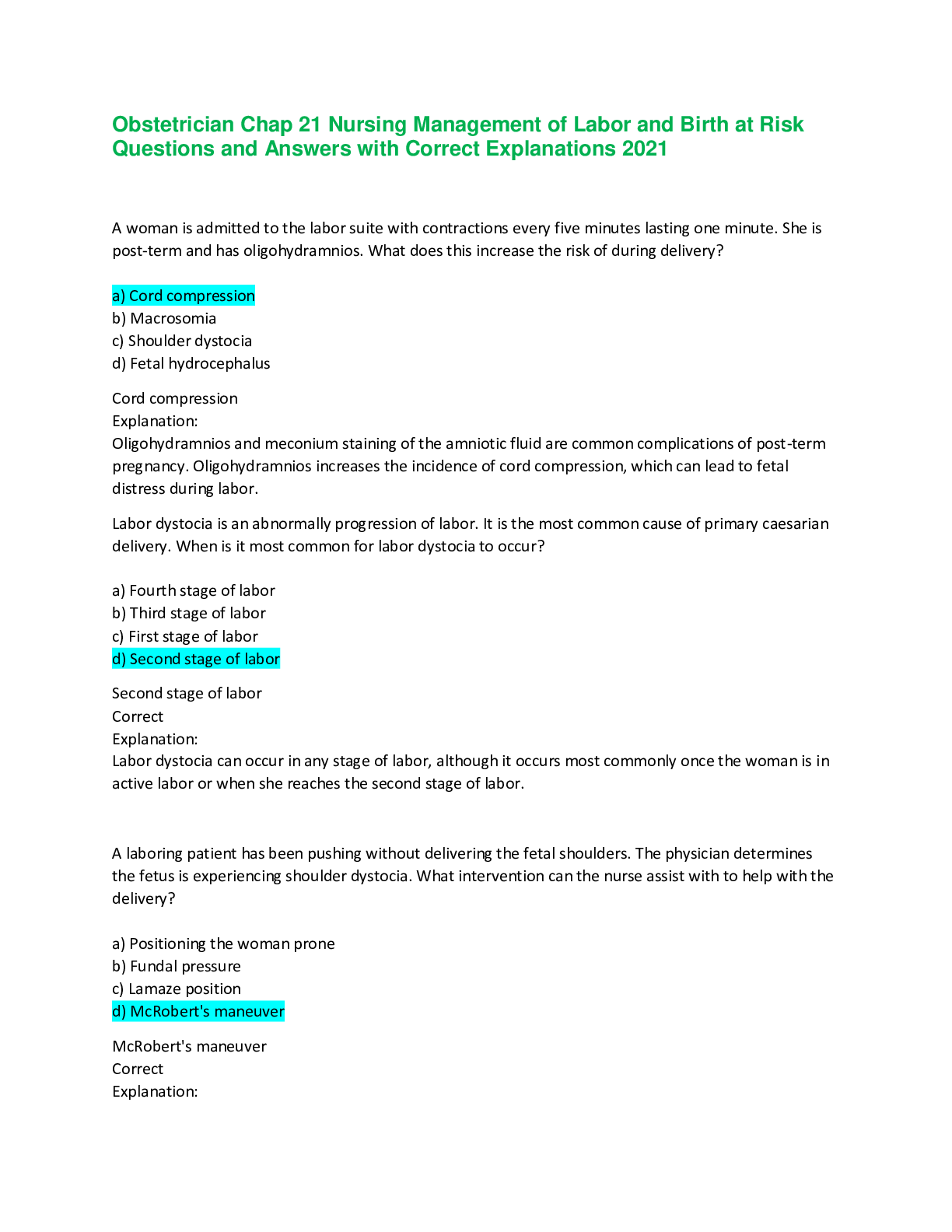 Preview of Obstetrician Chap 21 Nursing Management of Labor and Birth at Risk Questions and Answers w
